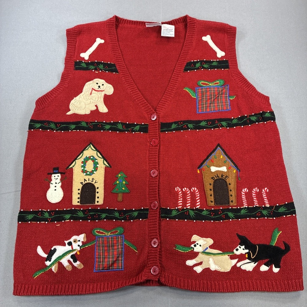 Capacity Vintage Red Knitted Christmas Sweater Vest Women Size XL Holiday Dogs